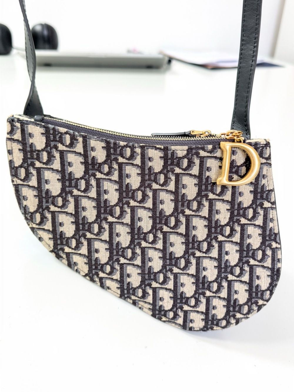 Beige & Black Jacquard Saddle Bag with Gold hardware